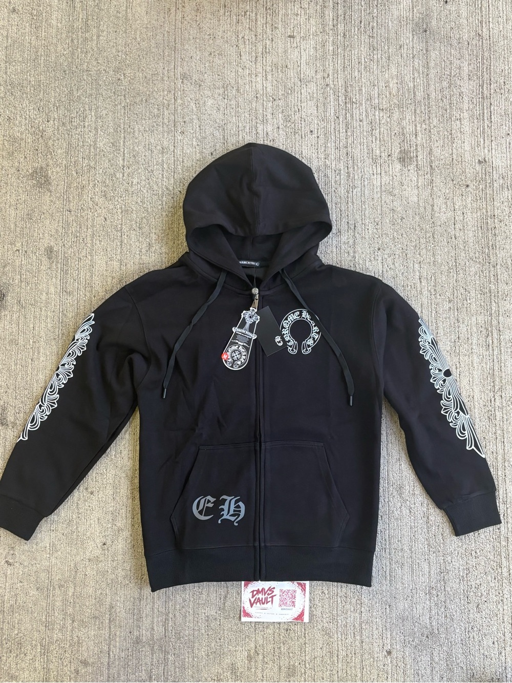 Black Graphic Zip-Up Hoodie with Hood Chrome hearts